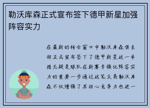 勒沃库森正式宣布签下德甲新星加强阵容实力 勒沃库森正式宣布签下德甲新星加强阵容实力